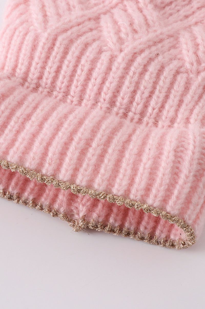 Pink cross cable knit pom pom beanie hat baby toddler adult