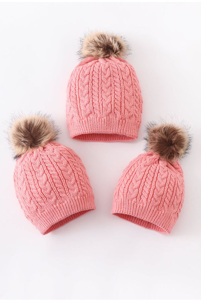 Bubblegum pink cable knit pom pom beanie hat baby toddler adult