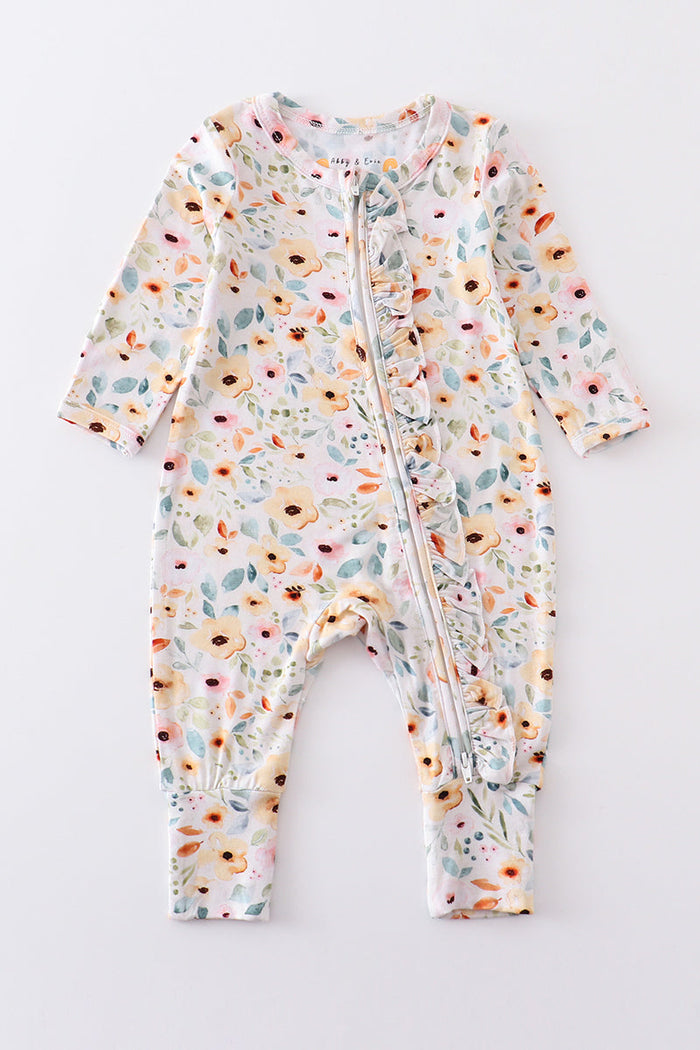 Nutral floral print bamboo zipper baby romper
