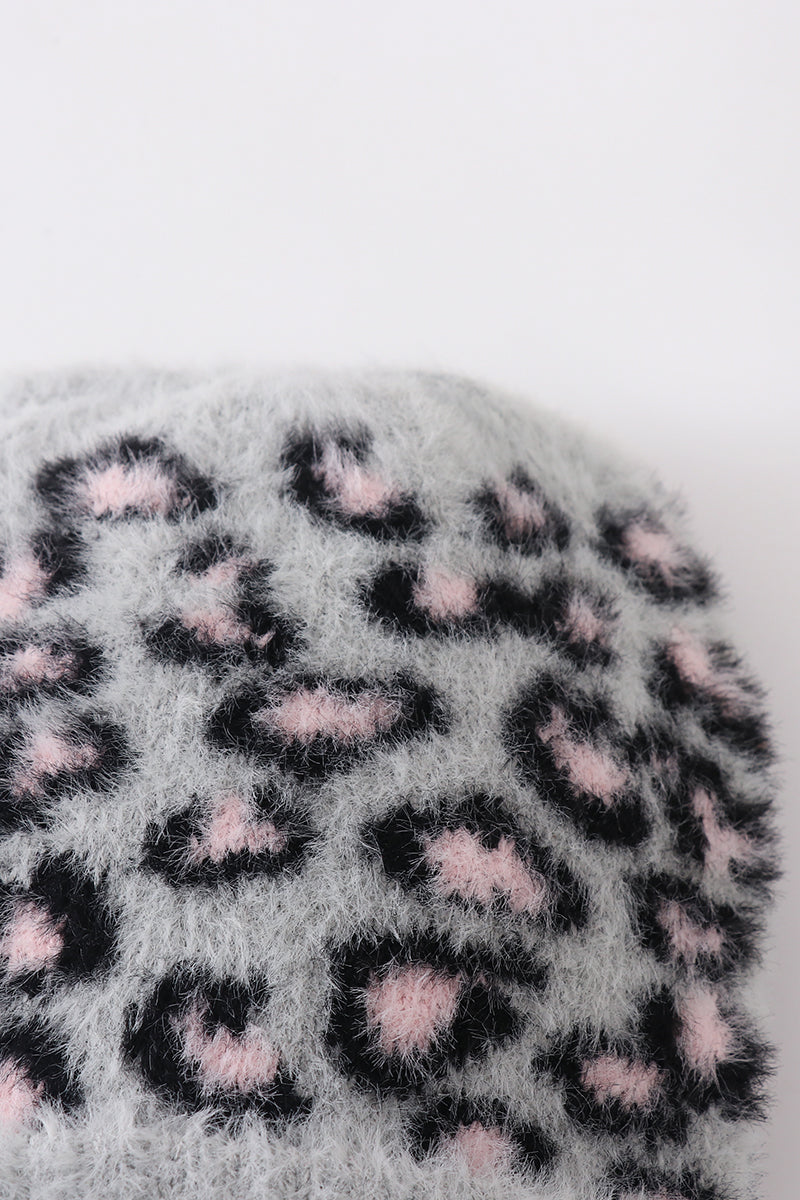 Grey leopard beanie hat toddler adult