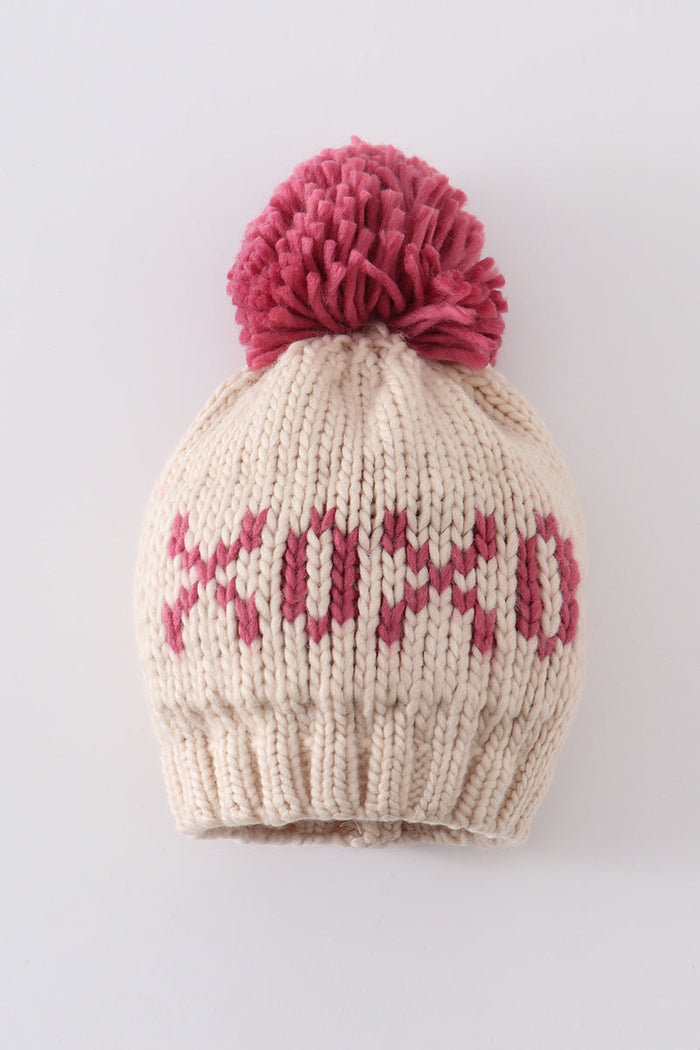 Cream XOXO knit beanie pom pom hat