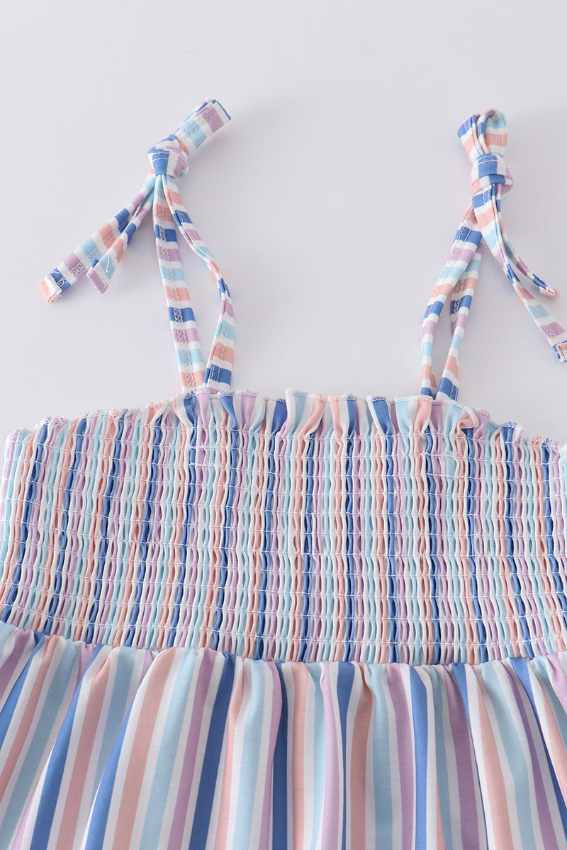 Blue stripe smocked strap girl set