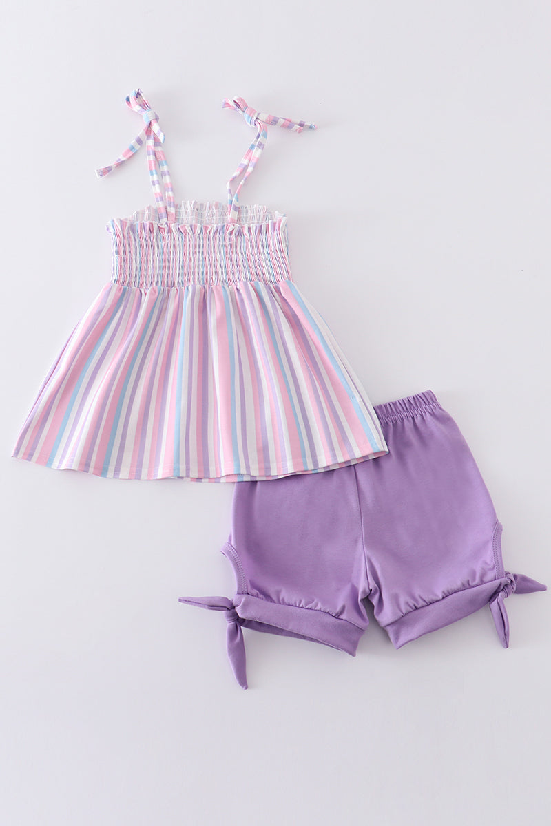 Purple stripe smocked girl set