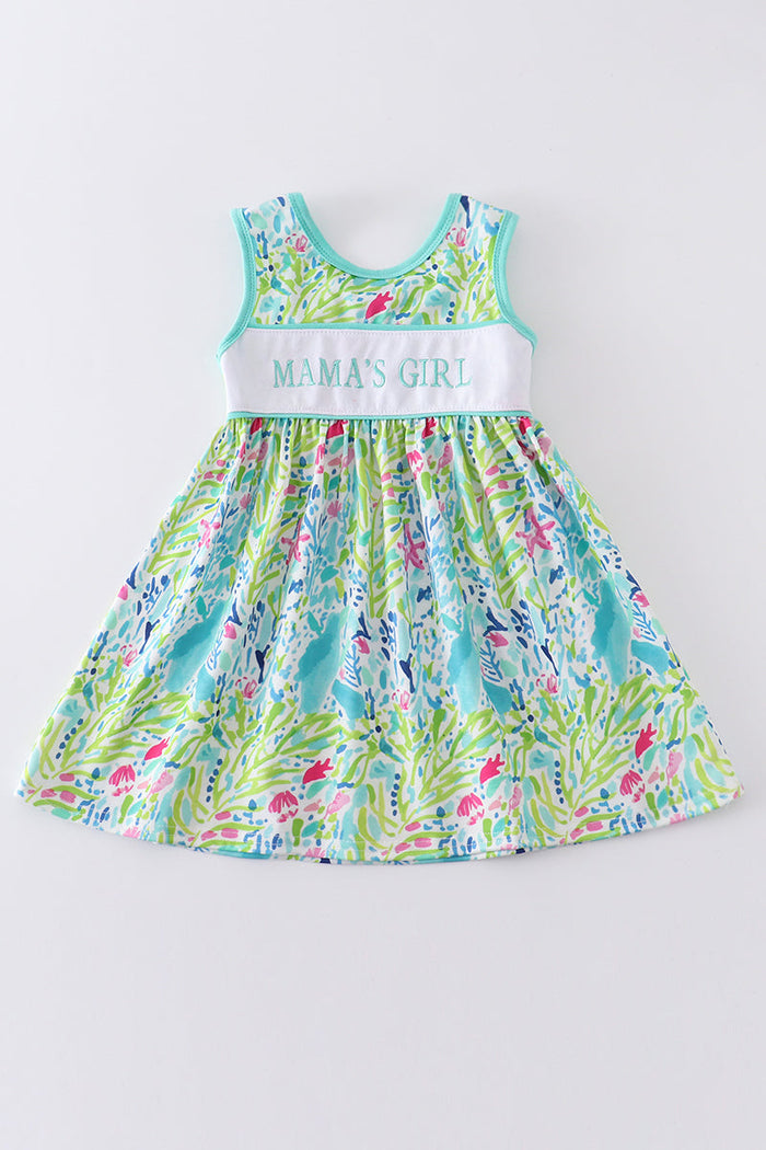 Green lily print mama's girl embroidery dress