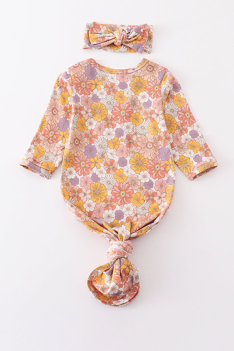 Mustard floral hairband bamboo baby gown
