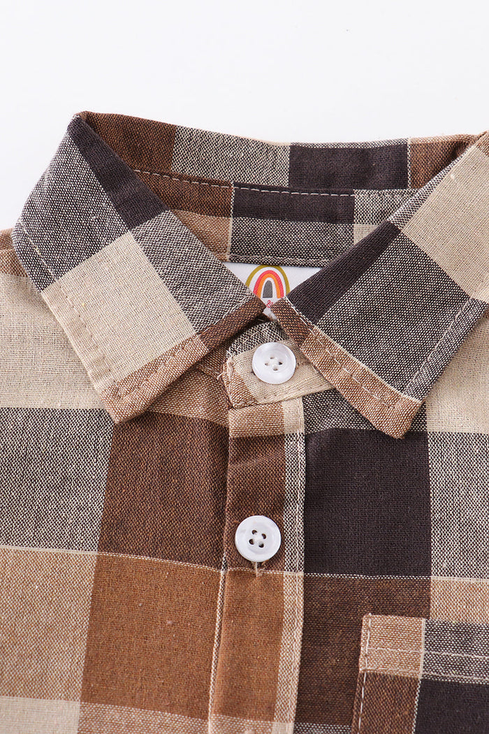 Brown plaid button down boy shirt