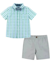 Baby Boy's Short Sleeve Set with Bow Tie Mint and Grey