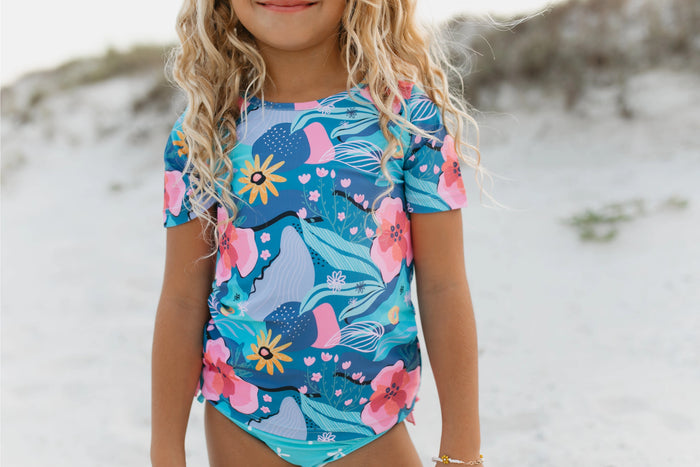 Kids Blue Coral Abstract Rash Guard Ruffle Swimsuit