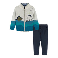 3 Pc Casual Set with Button-down and Twill Joggers  Dinosaur Landscape