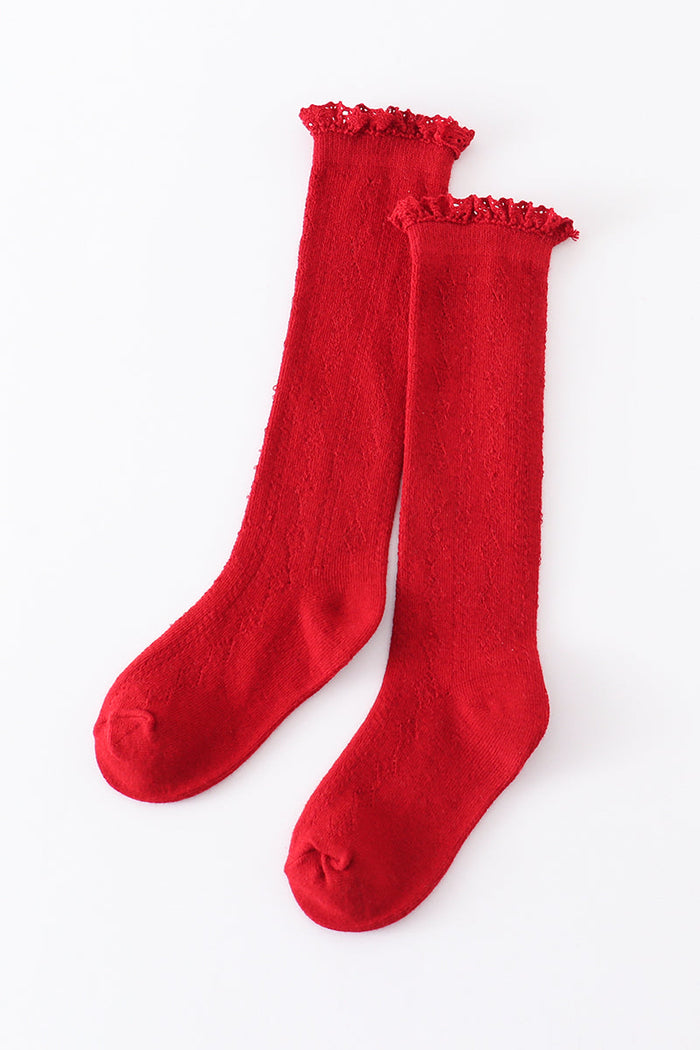 Burgundy Knit lace knee high socks