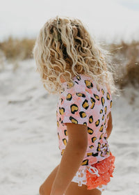 Kids Pink Leopard Print Rash Guard with White dot ruffle bottom