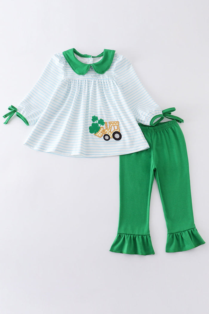 Green clover applique stripe girl set