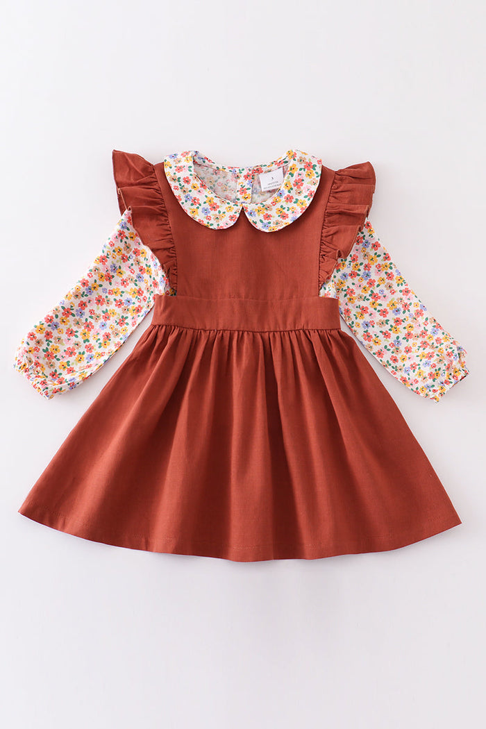 Brown floral print dress set