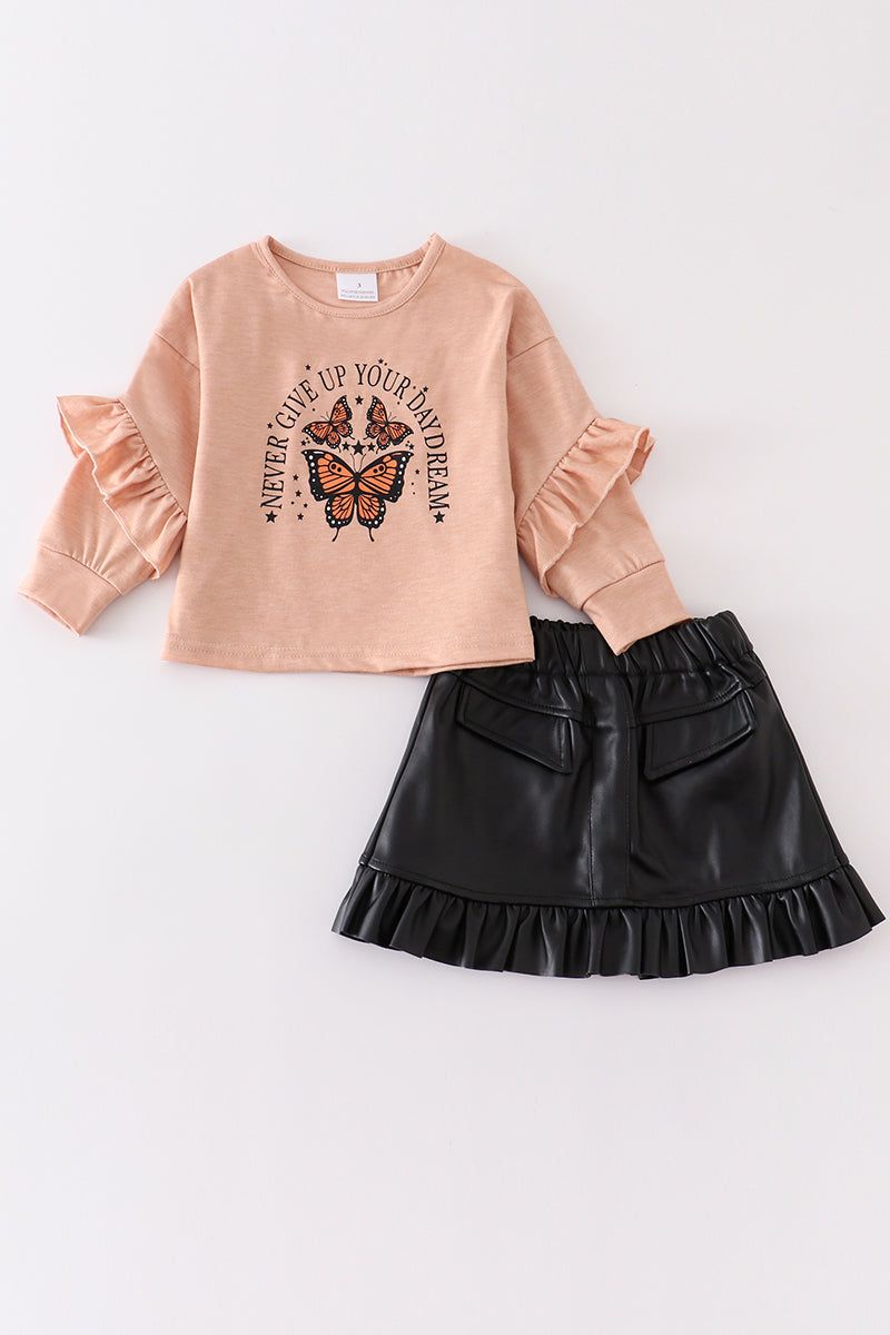 Brown butterfly leather short skirt set