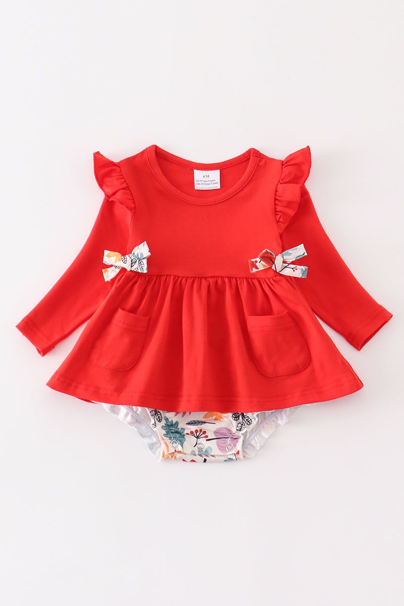 Red floral print ruffle baby romper