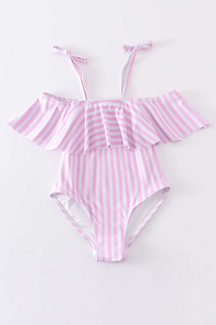 Pink stripe strap girl swimsuit one piece UPF50+