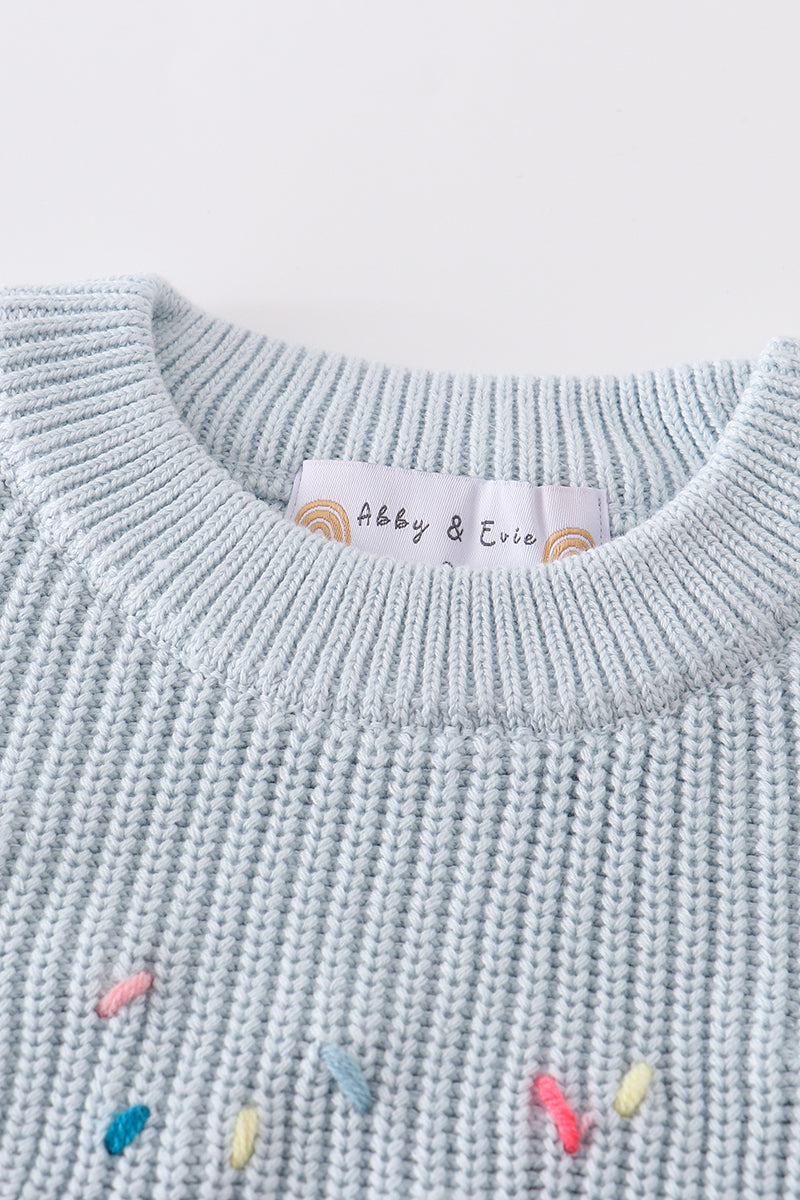 Blue hand-embroidery one&two pullover sweater