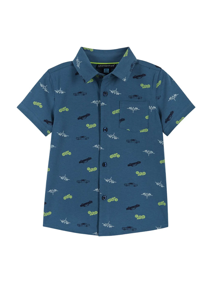 Short Sleeve Knit Buttondown Shirt | Vehicles Print | Blue