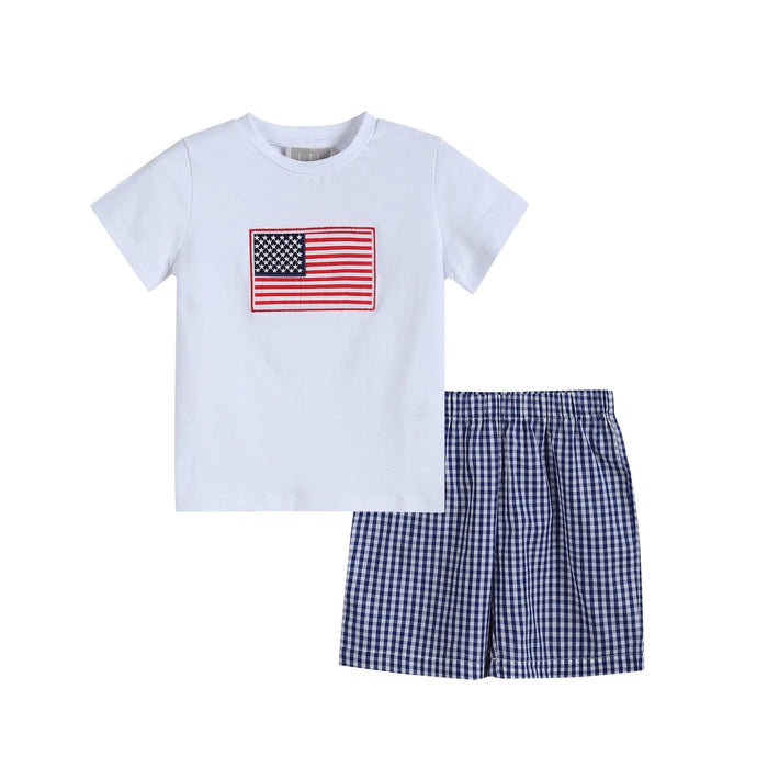 Royal Blue Gingham American Flag Shirt and Shorts Set