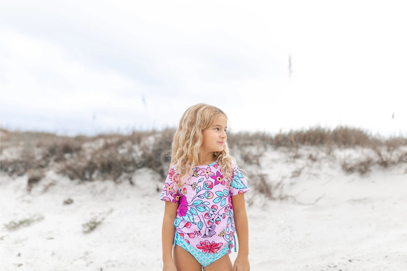 Kids Bright Pink & Teal Floral Rash Guard Ruffle Swimsuit