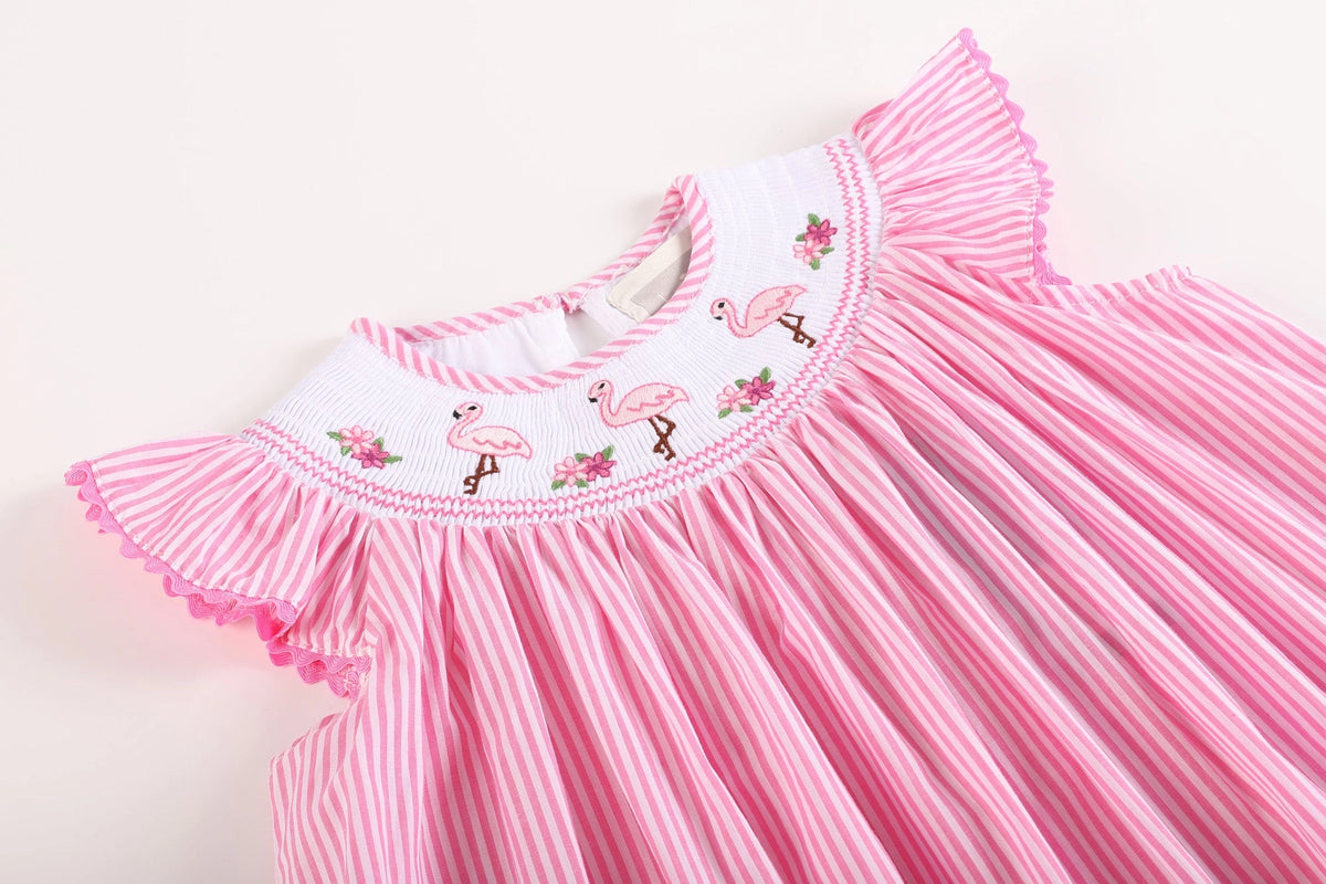 Pink Striped Flamingo Smocked Bishop Dress