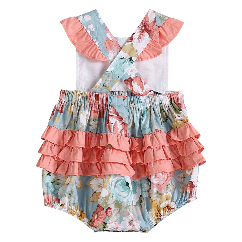 Pink and Blue Floral Print Ruffle Baby Romper