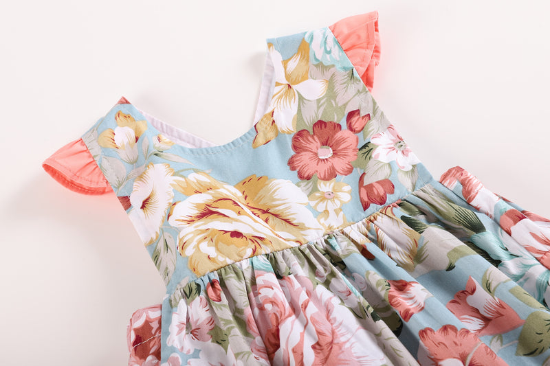 Pink and Blue Floral Print Ruffle Baby Romper