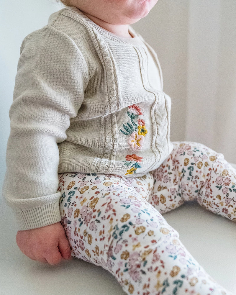 Floral Embroidered Cable Knit Baby Pullover (Organic)