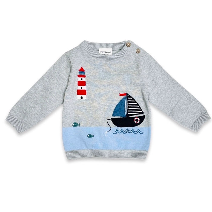 Lighthouse & Boat Embroidered Baby Knit Pullover (Organic)