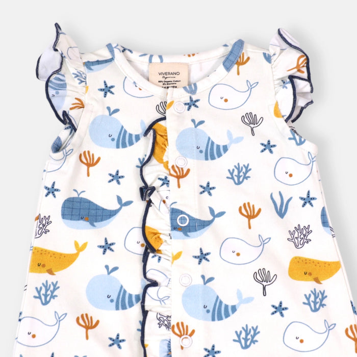 Ocean Whales Ruffle & Button Baby Romper (Organic Jersey)