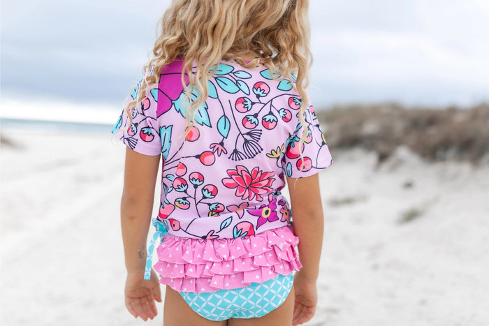 Kids Bright Pink & Teal Floral Rash Guard Ruffle Swimsuit