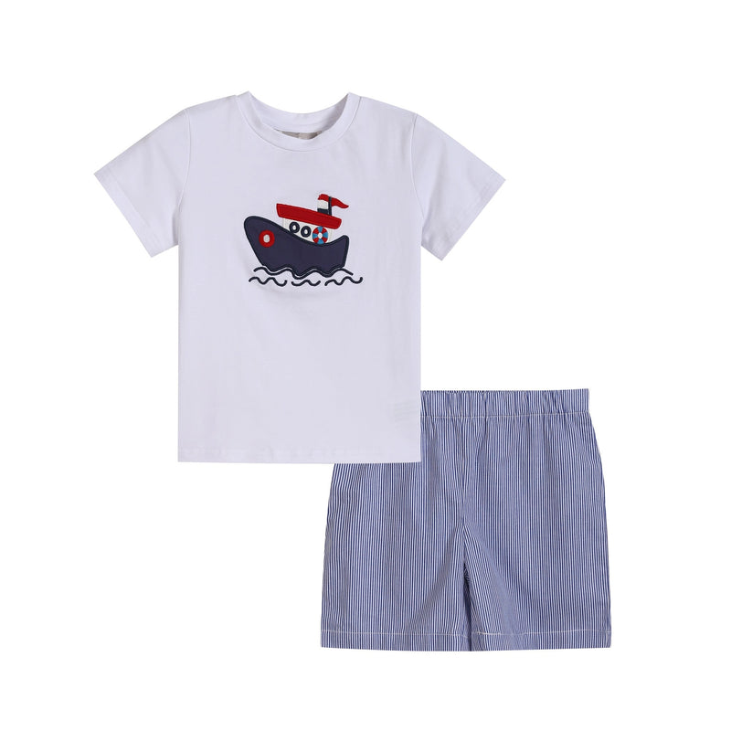 White Tugboat Baby Shirt and Blue Shorts Set