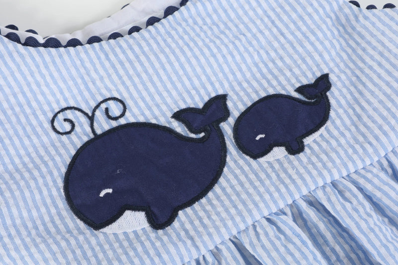 Blue Seersucker Whale Family Dress