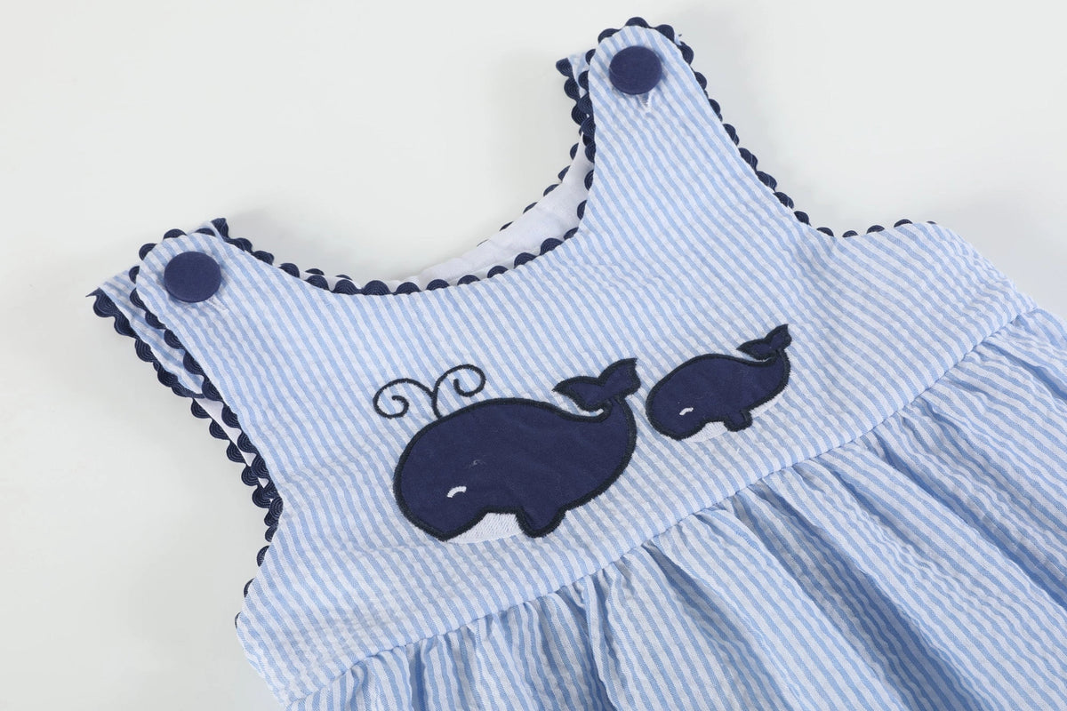 Blue Seersucker Whale Family Dress