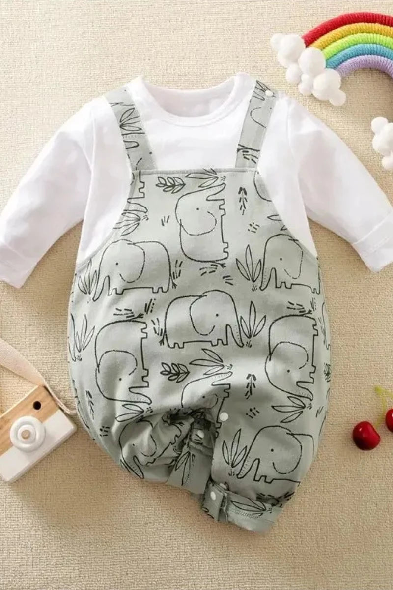 100% Cotton Baby Boy or Girl Elephant Faux-two Jumpsuit - Doodlebug Kidz