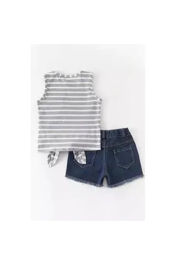 Stripe Top with Sequins Pocket Denim Shorts with Sequins Short Set