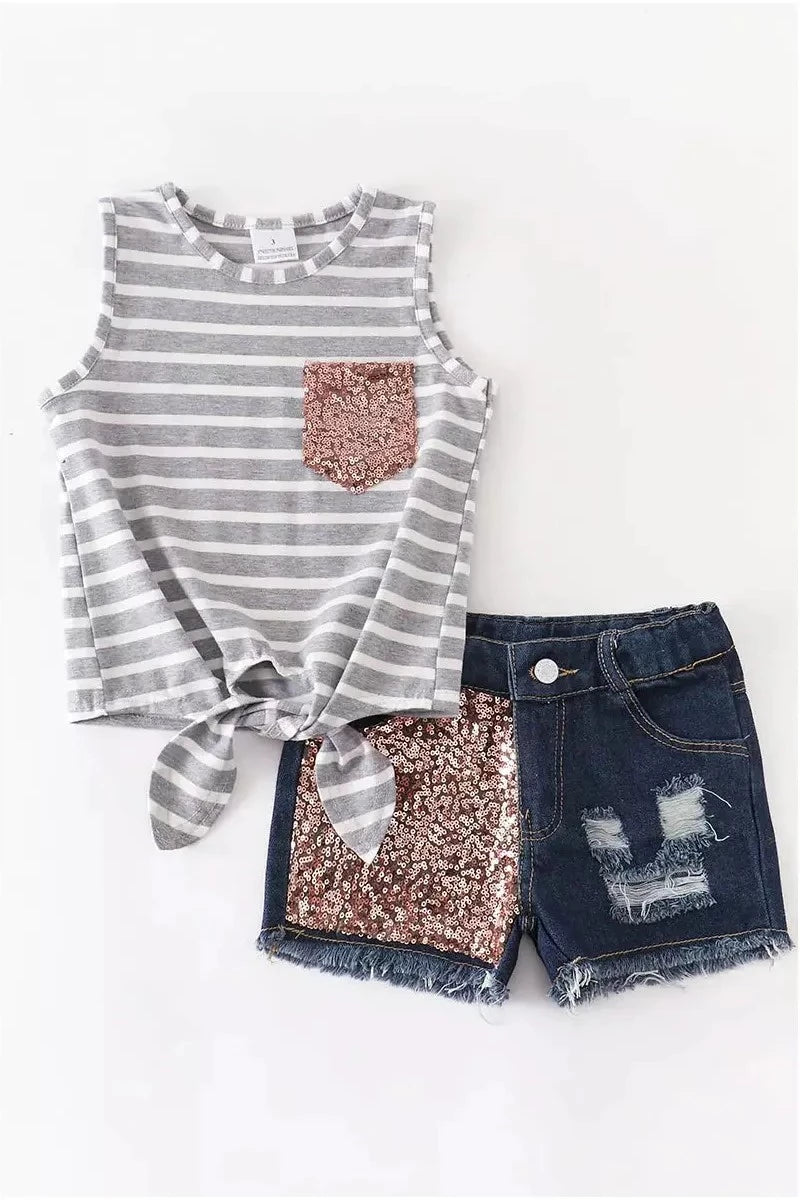Stripe Top with Sequins Pocket Denim Shorts with Sequins Short Set