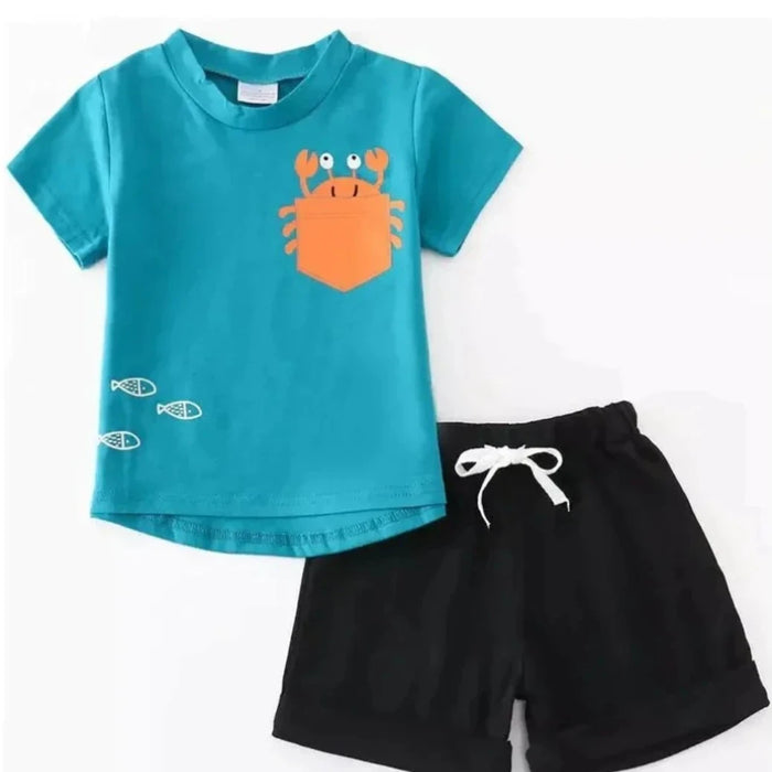 Blue/Orange Crab Shorts Set - Doodlebug Kidz