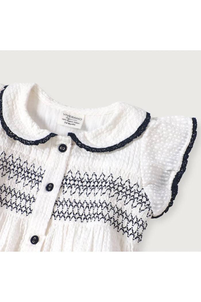 Celine White Seersucker Smocked Baby Dress + Bloomer Organic - Doodlebug Kidz
