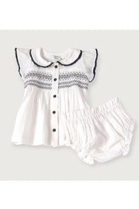 Celine White Seersucker Smocked Baby Dress + Bloomer Organic - Doodlebug Kidz