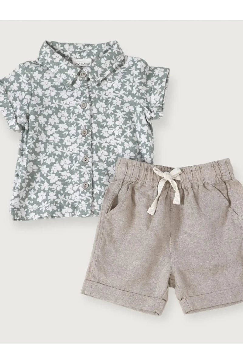 Gabriel Baby Floral Linen Shirt & Shorts Set (Natural Linen) - Doodlebug Kidz