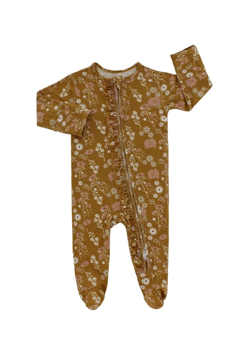 Mustard Floral Bamboo Sleeper Footed Pajamas - Doodlebug Kidz