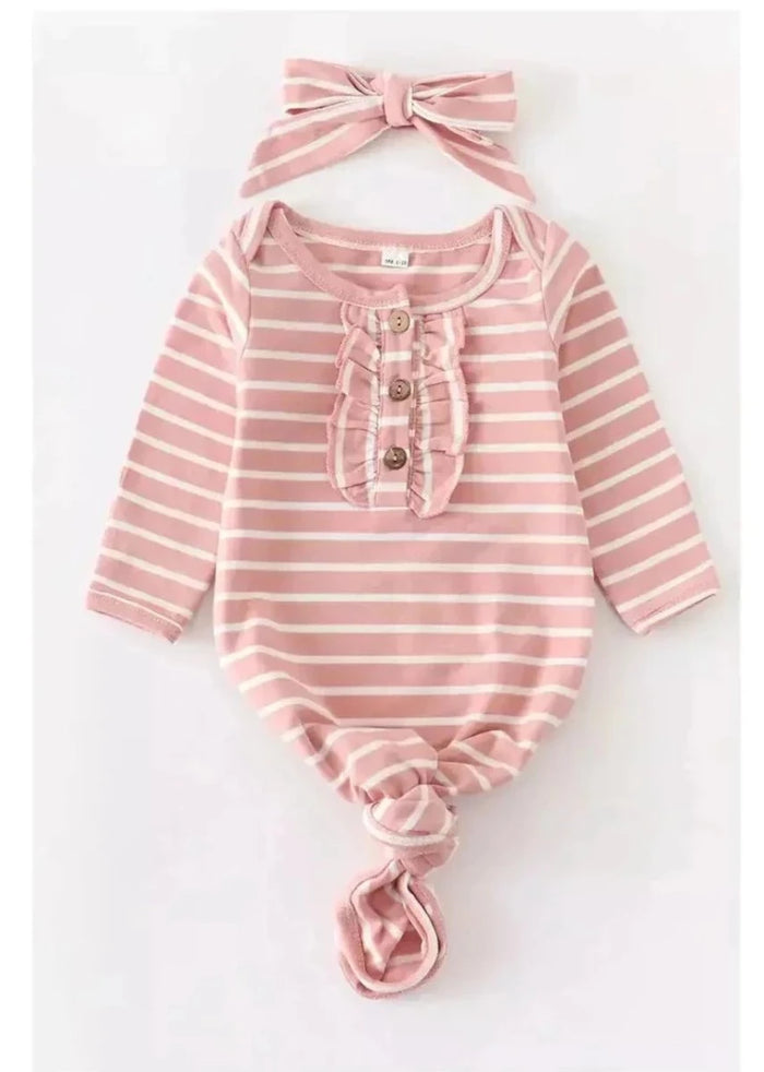 Newborn Pink Stripe Gown with Headband - Doodlebug Kidz