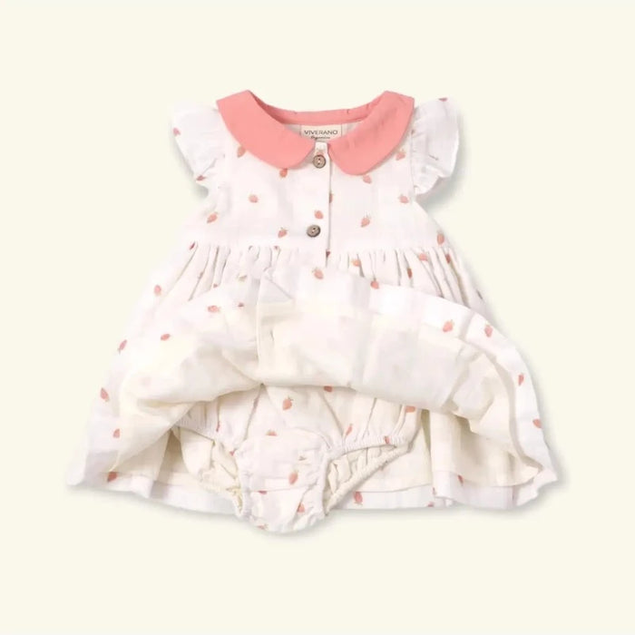 Strawberry Peter Pan Baby Dress+Bloomer Set (Organic Muslin) - Doodlebug Kidz