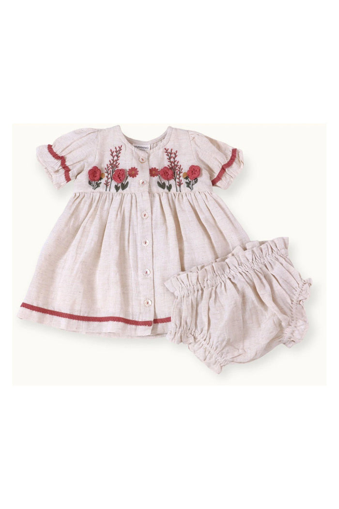 Victoria Embroidered Floral Baby Dress + Bloomer (Linen) - Doodlebug Kidz